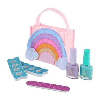 Rainbow felt carrier tote holds two bottles of water based nail polish, pair of toe separators and nail file. 