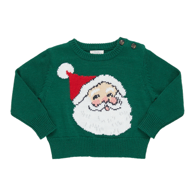 green crew neck sweater with knit santa claus