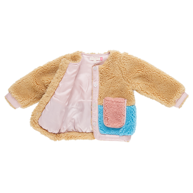 coloblock teddy coat with brown, blue and pink patches and sparkle buttons, interior is pink satin