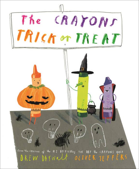 Book cover of 'The Crayons Trick or Treat' with colorful crayon characters and a sign.