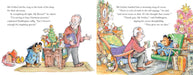 A two-page children's book spread showing an illustrated scene of a man and a woman in a cozy room, with printed text bubbles containing dialogue. The artwork uses warm pastel and bright colors, and the pages are shown against a white background.