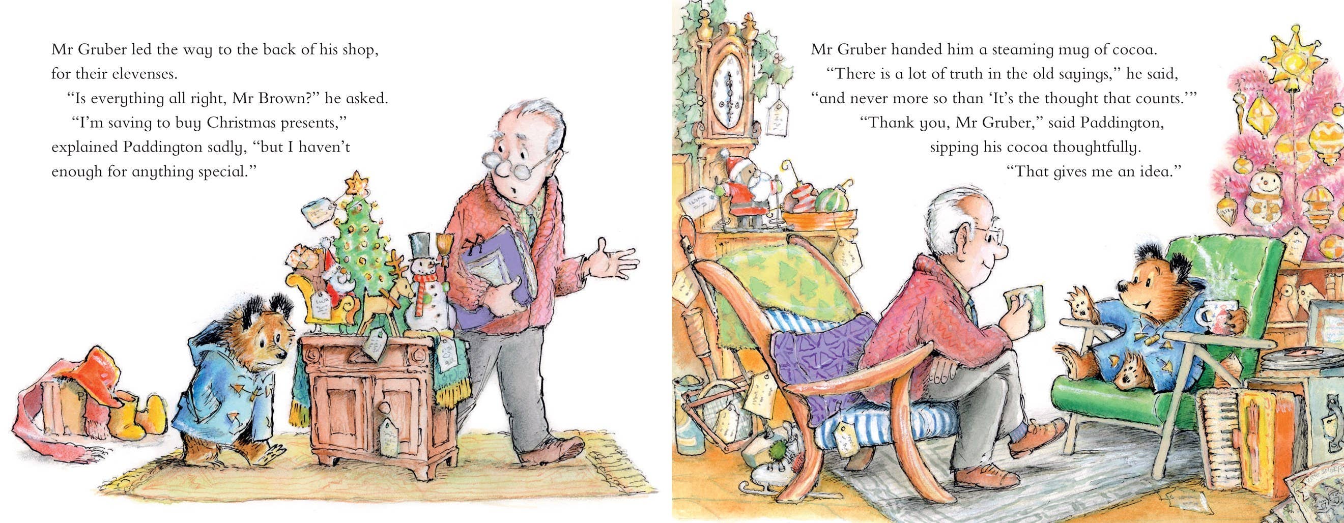A two-page children's book spread showing an illustrated scene of a man and a woman in a cozy room, with printed text bubbles containing dialogue. The artwork uses warm pastel and bright colors, and the pages are shown against a white background.