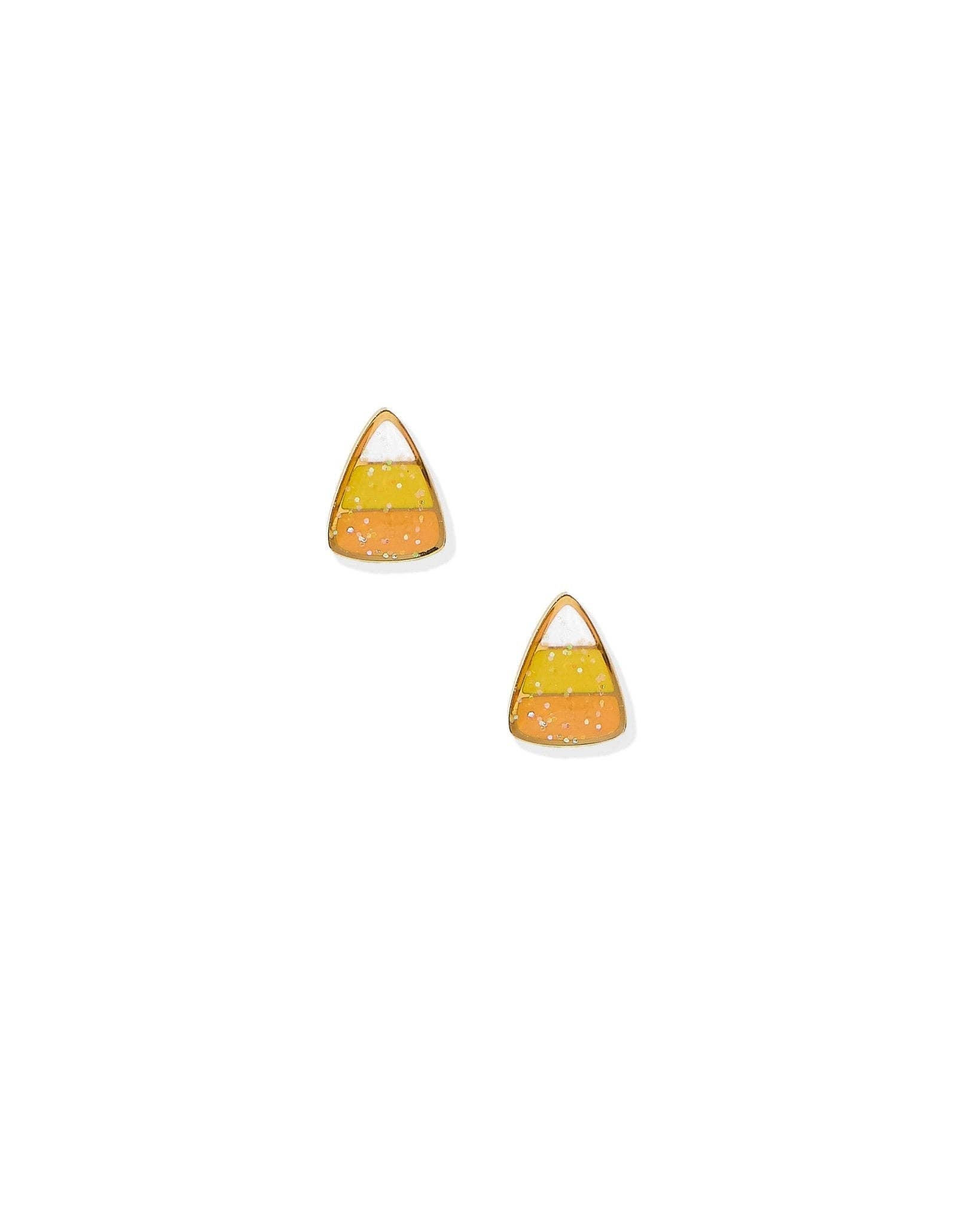 Two candy corn-shaped earrings on a white background