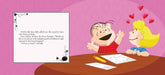 A cartoon illustration with a pink patterned background, a white text box containing a short story excerpt, and two children sitting at a table with papers and a pencil. One child has black hair and a red shirt, and the other has yellow hair and a blue shirt, with red hearts floating above.