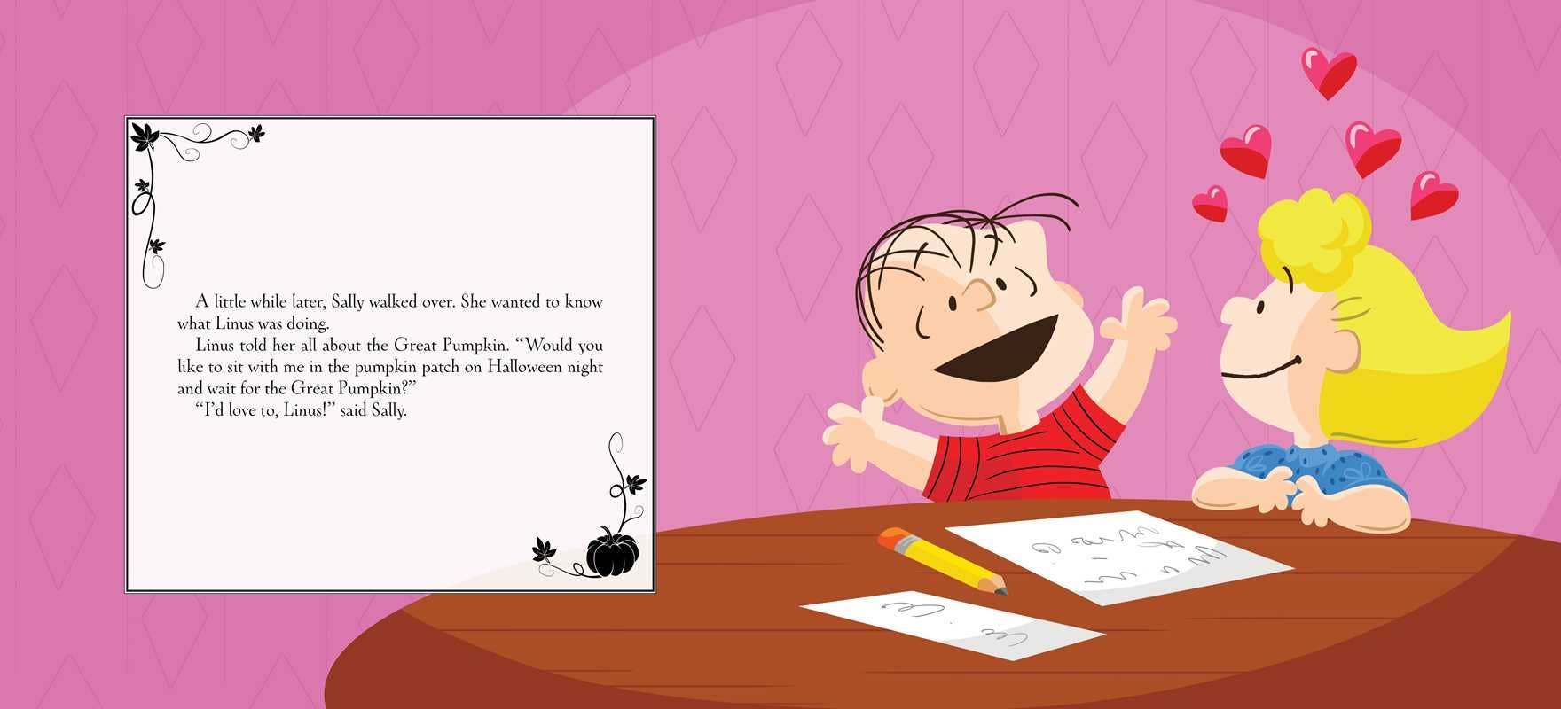 A cartoon illustration with a pink patterned background, a white text box containing a short story excerpt, and two children sitting at a table with papers and a pencil. One child has black hair and a red shirt, and the other has yellow hair and a blue shirt, with red hearts floating above.