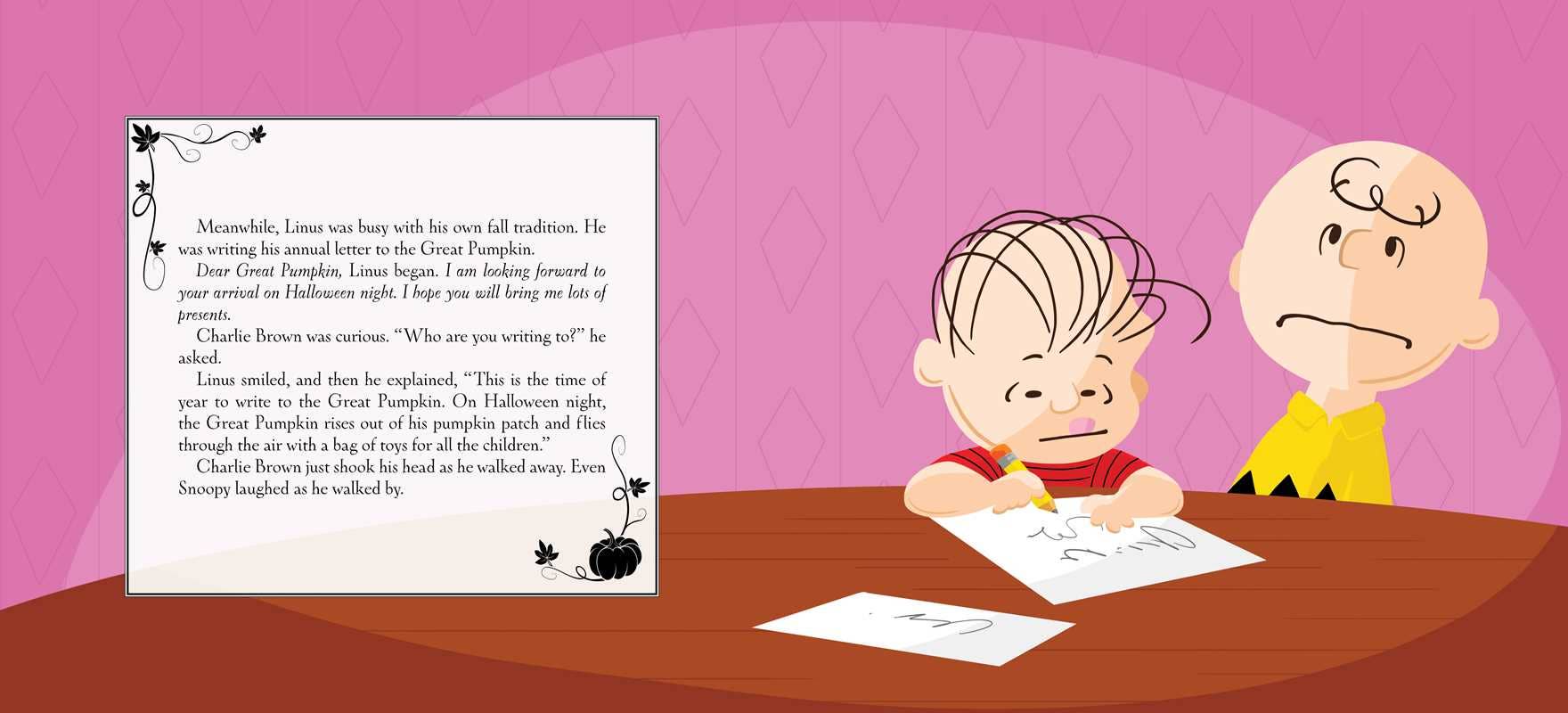 A cartoon-style illustration shows a child writing in a journal next to a parent who looks on with a concerned expression. The background is pink with a patterned wallpaper, and the child is drawing on paper at a wooden table.