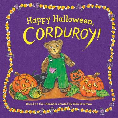 Book cover of 'Happy Halloween, Corduroy!' with a bear in green overalls and pumpkins on a purple background.