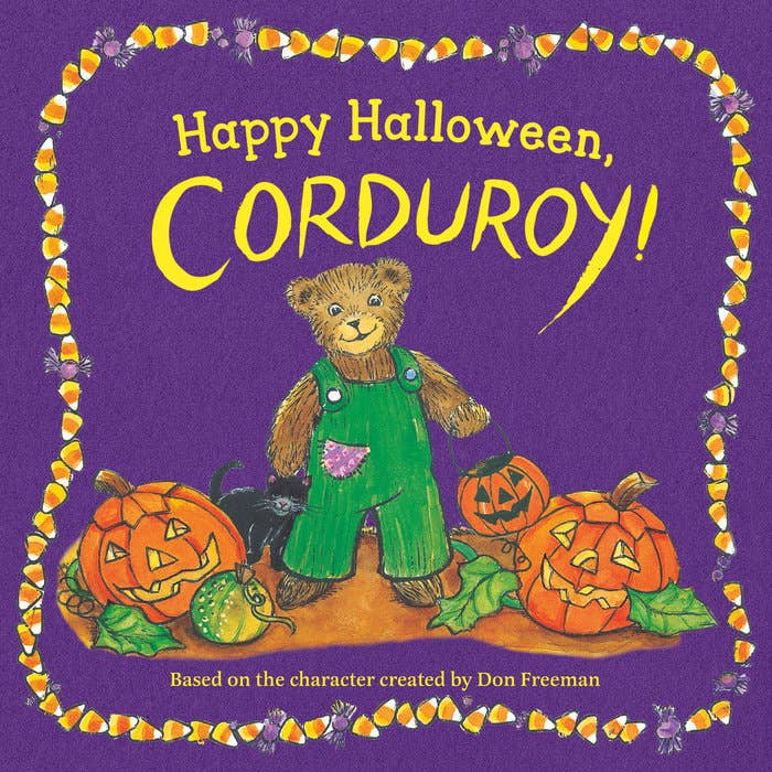 Book cover of 'Happy Halloween, Corduroy!' with a bear in green overalls and pumpkins on a purple background.