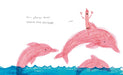Illustration of a character riding pink dolphins with text above on a white background