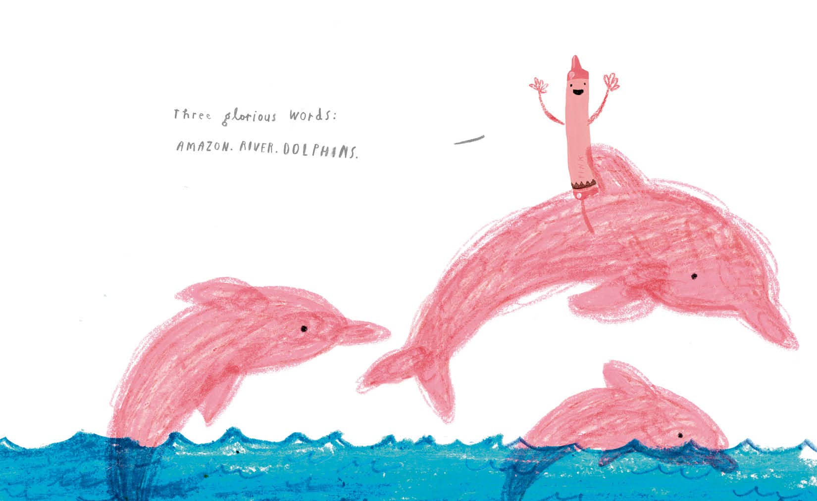 Illustration of a character riding pink dolphins with text above on a white background