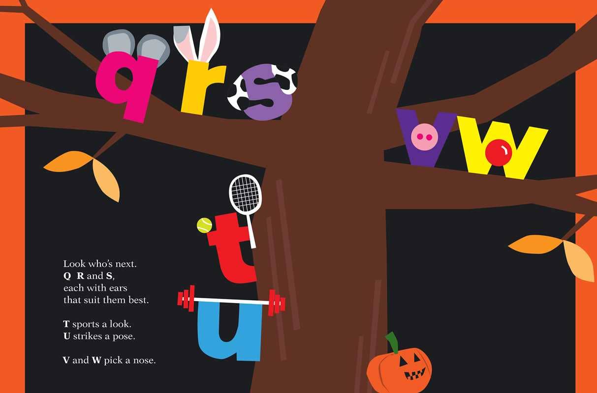 Illustration of a tree with colorful letters and Halloween-themed elements on an orange background.