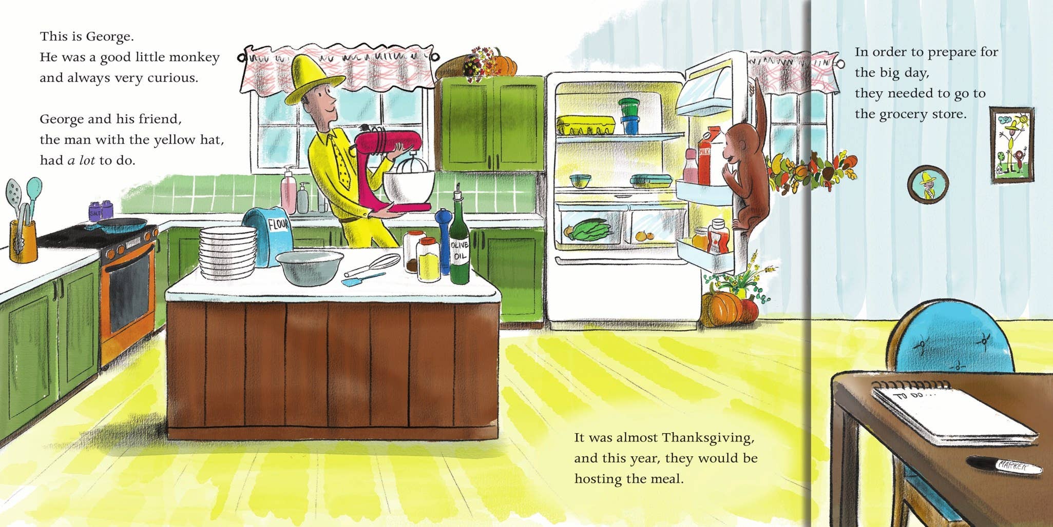 A full-page illustrated book spread showing a cartoon kitchen scene with text boxes around the drawing. A man in a yellow suit stands at a counter, and the room includes green cabinets, a refrigerator, table, chair, and floor.