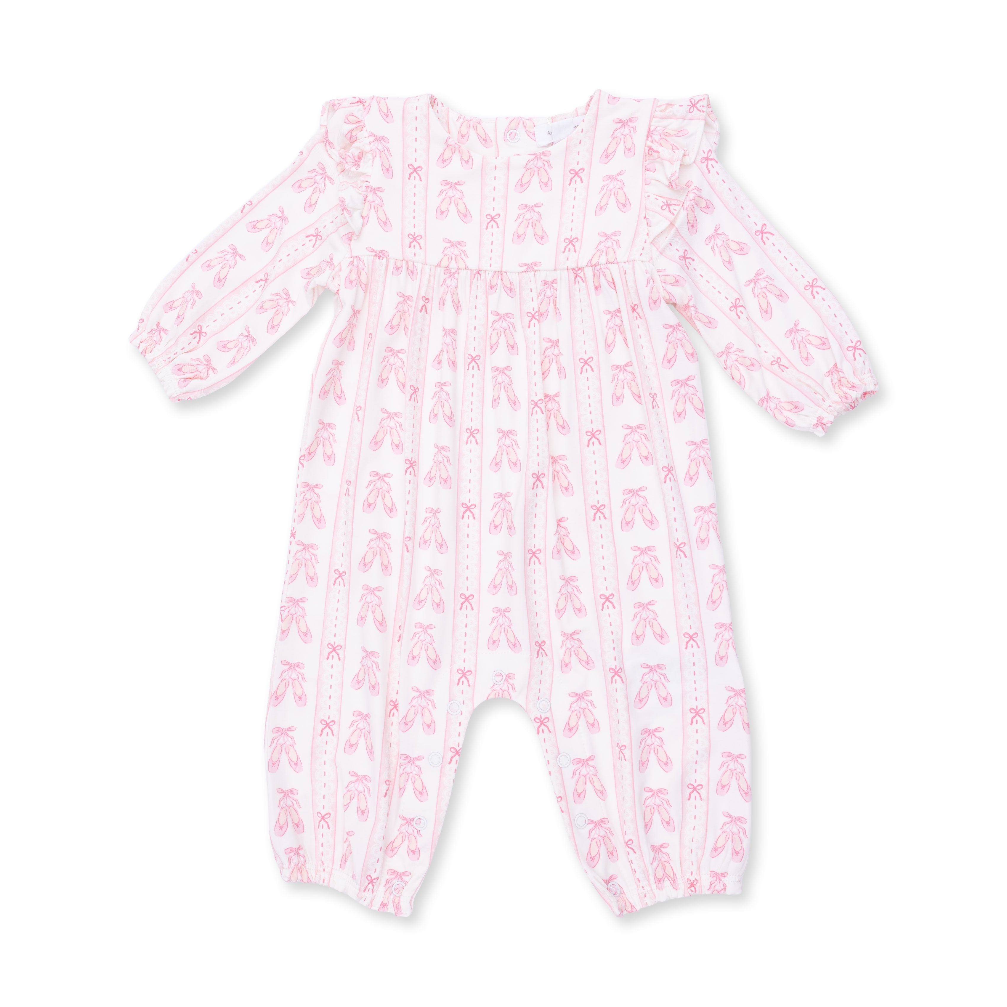 Baby onesie with pink ballet shoes and ribbon pattern on a white background