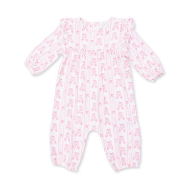 Baby onesie with pink ballet shoes and ribbon pattern on a white background