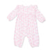 Baby onesie with pink ballet shoes and ribbon pattern on a white background