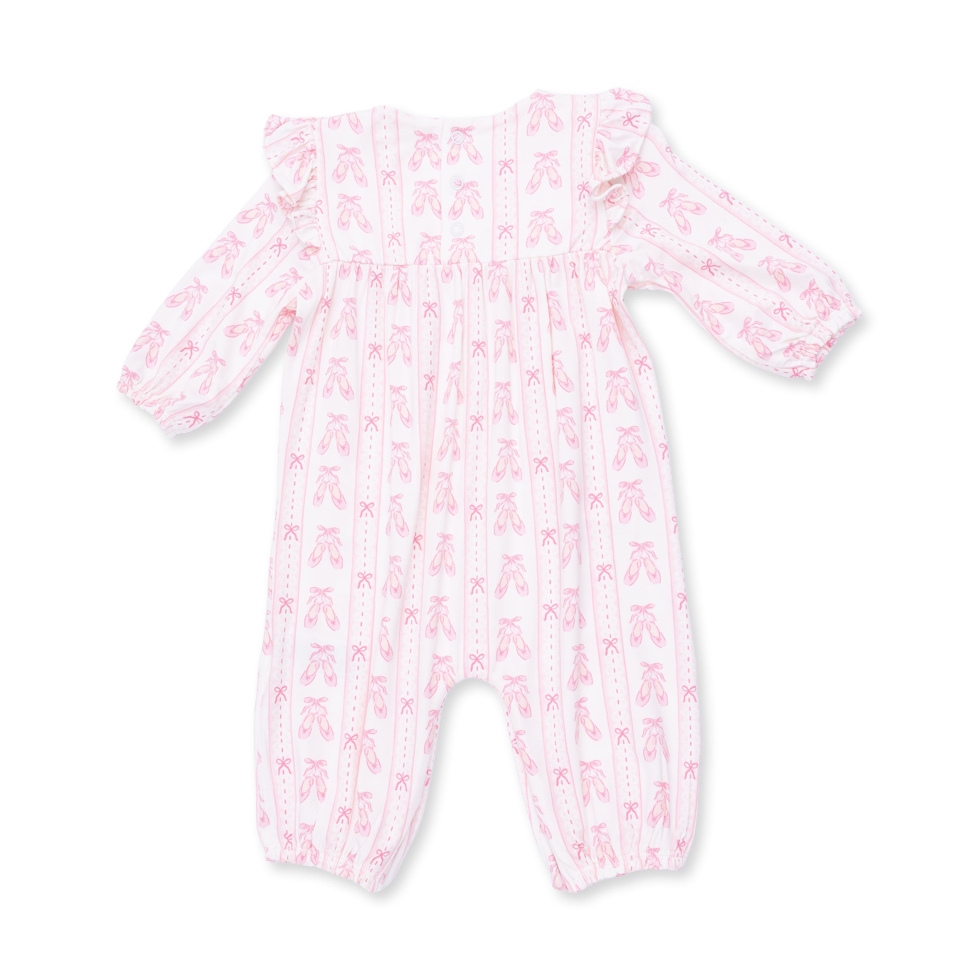 Baby onesie with pink ballet shoes and ribbon pattern on a white background