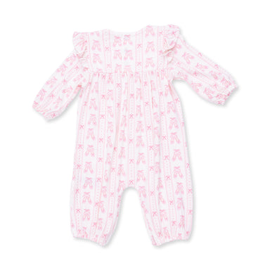 Baby onesie with pink ballet shoes and ribbon pattern on a white background