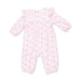 Baby onesie with pink ballet shoes and ribbon pattern on a white background
