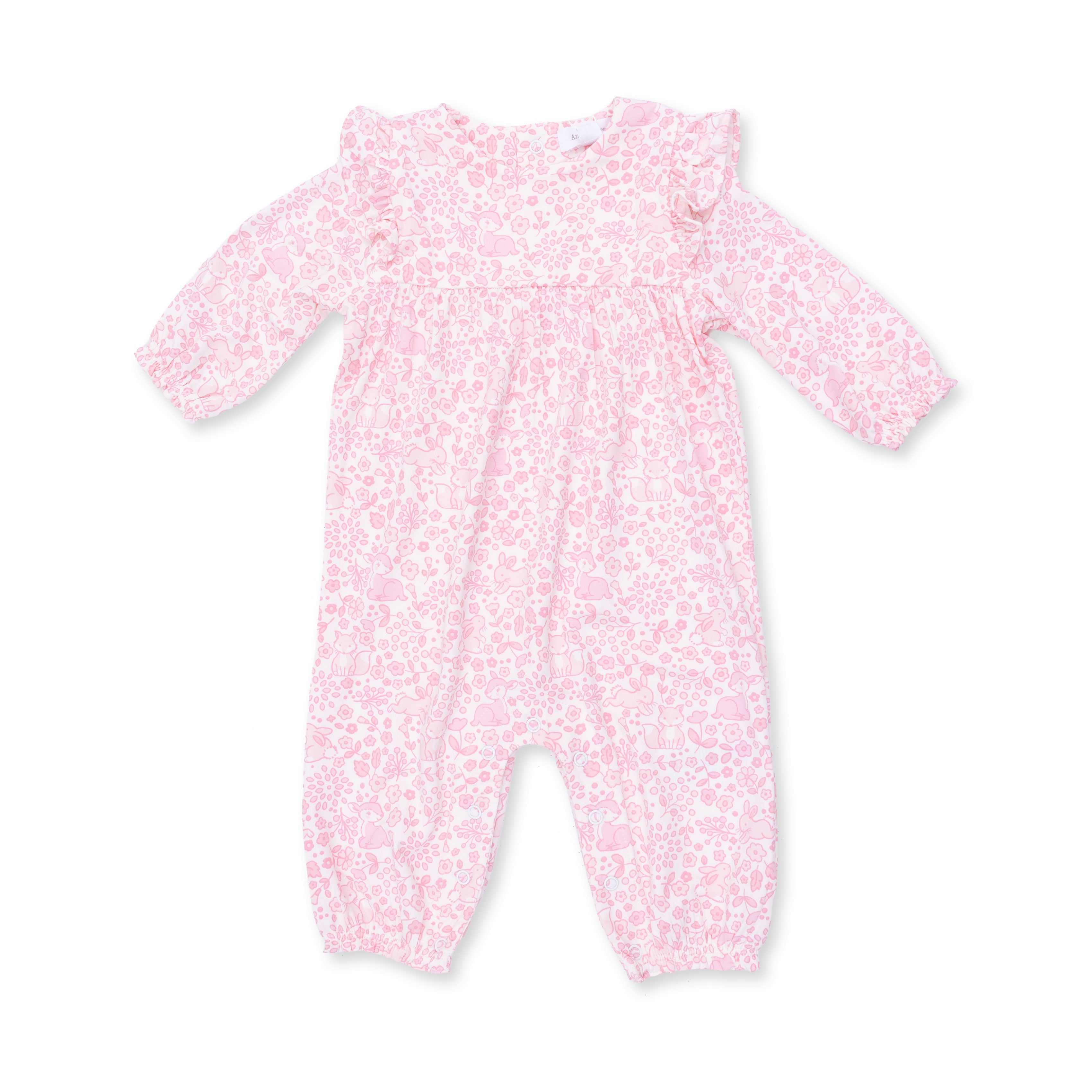 Pink baby onesie with a subtle woodlands pattern on a white background