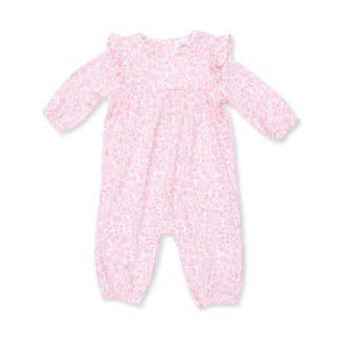 Pink baby onesie with a subtle woodlands pattern on a white background
