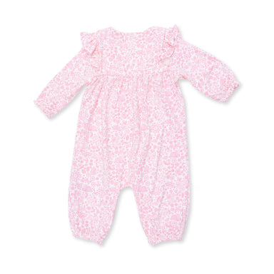 Pink baby onesie with woodland pattern on a white background