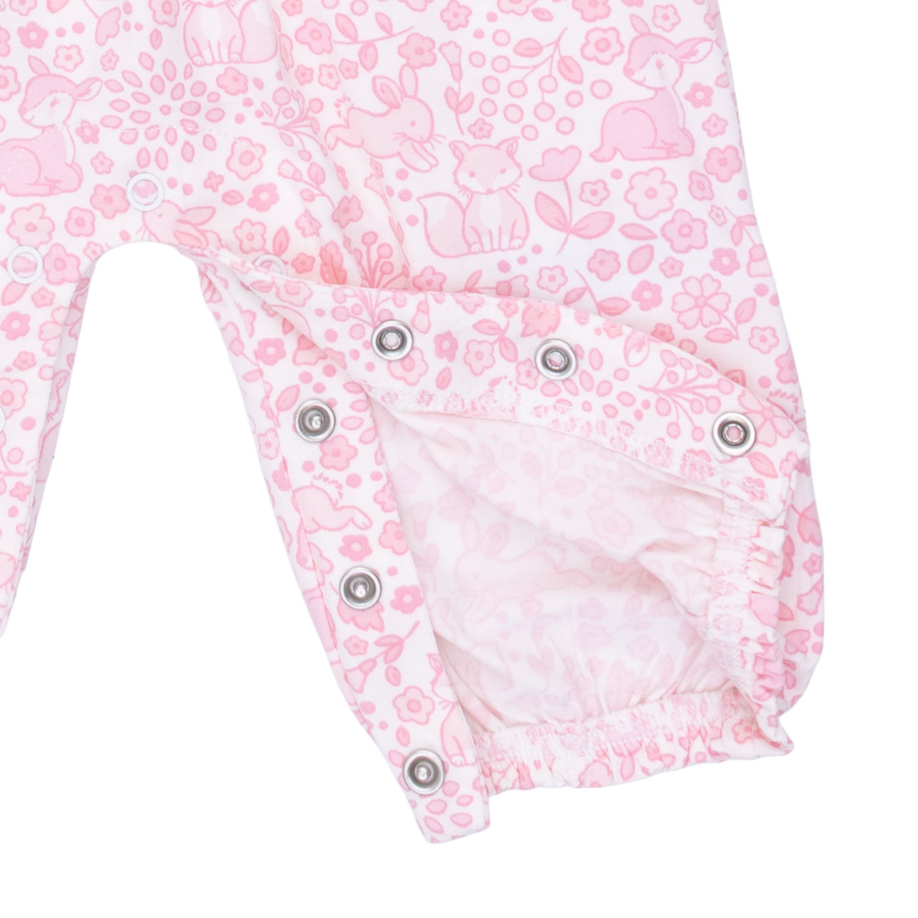 Pink baby romper with floral and animal pattern on a white background