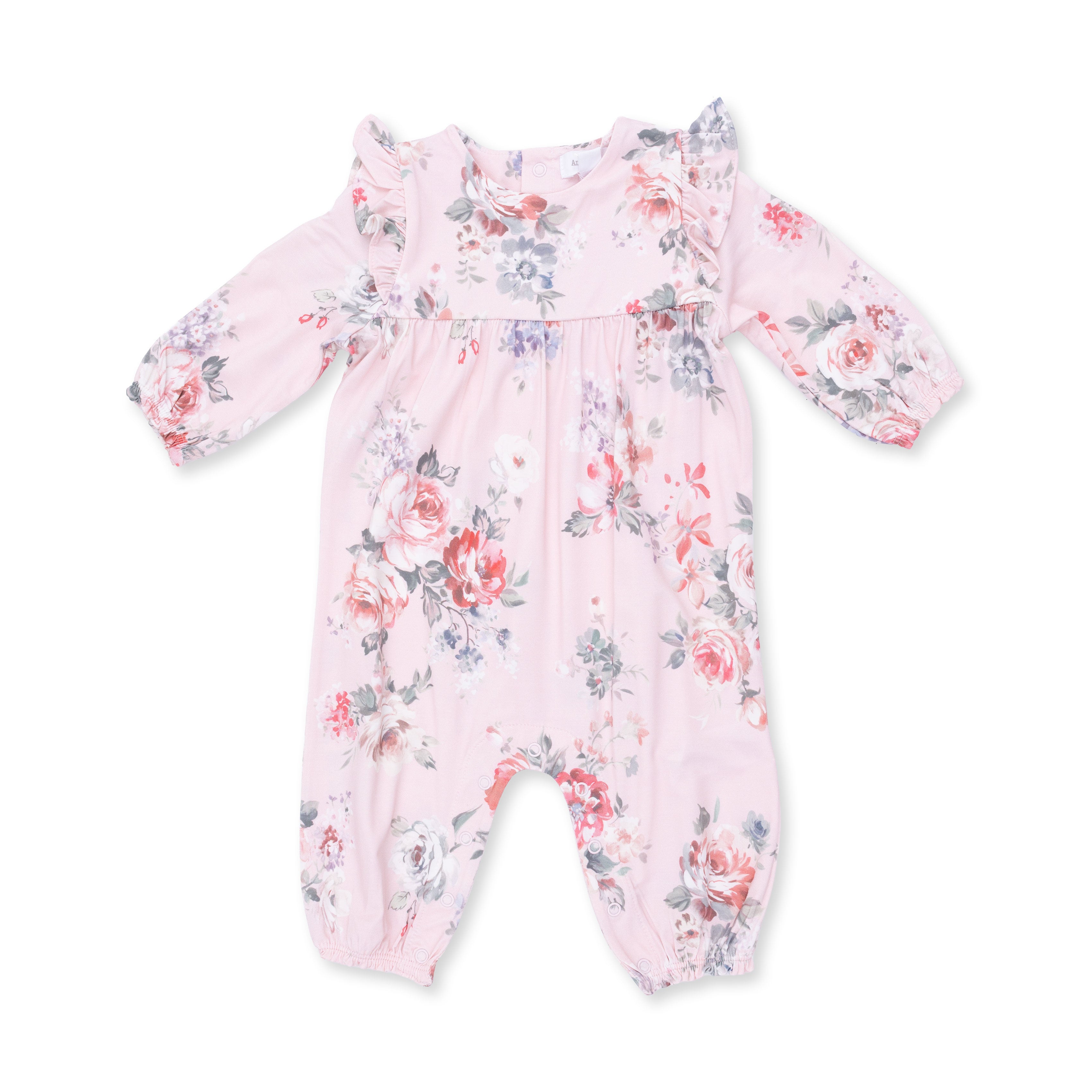 Floral-patterned baby onesie on a white background