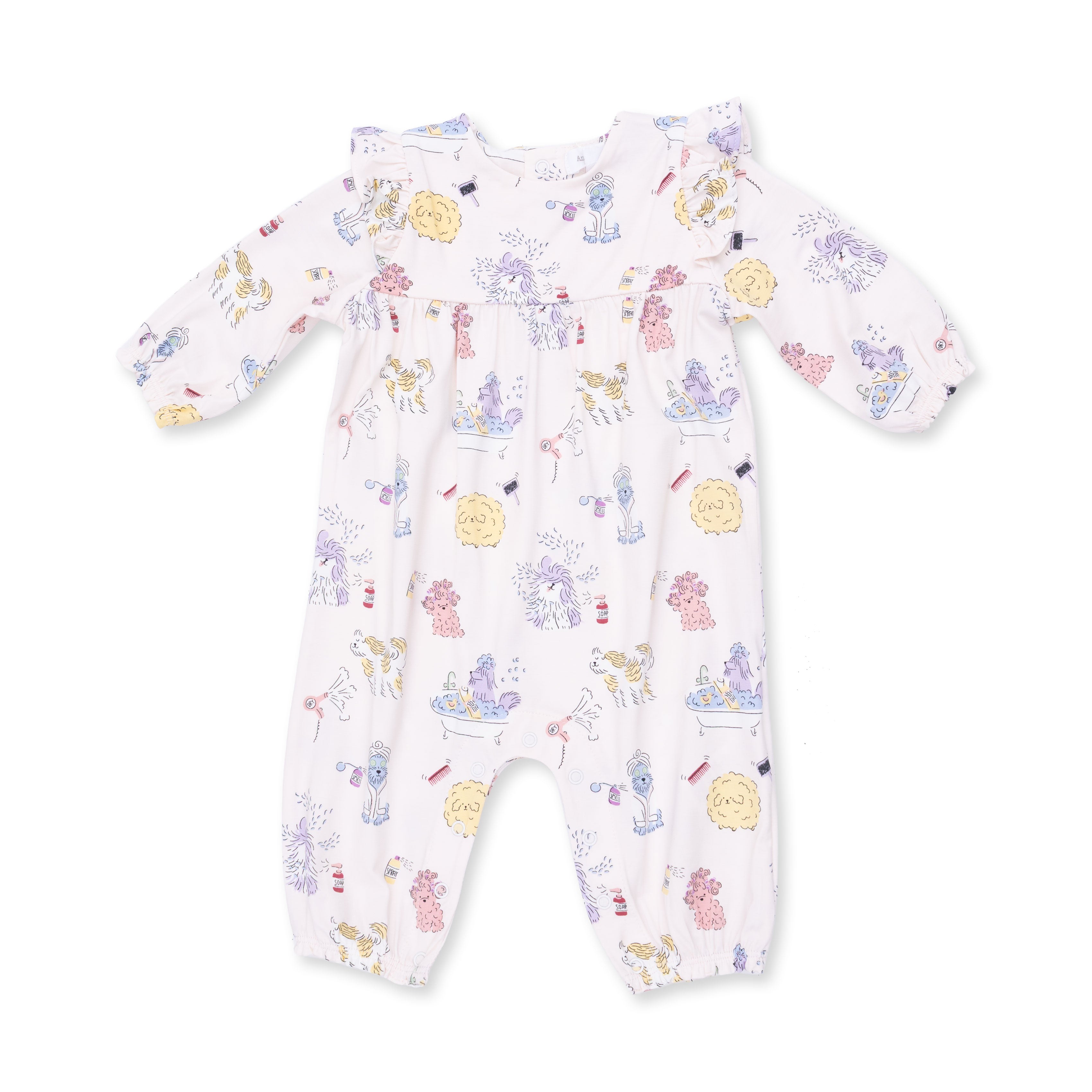 Baby onesie with colorful animal pattern on a white background
