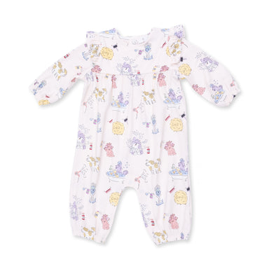 Baby onesie with colorful animal pattern on a white background