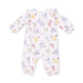 Baby onesie with colorful animal pattern on a white background