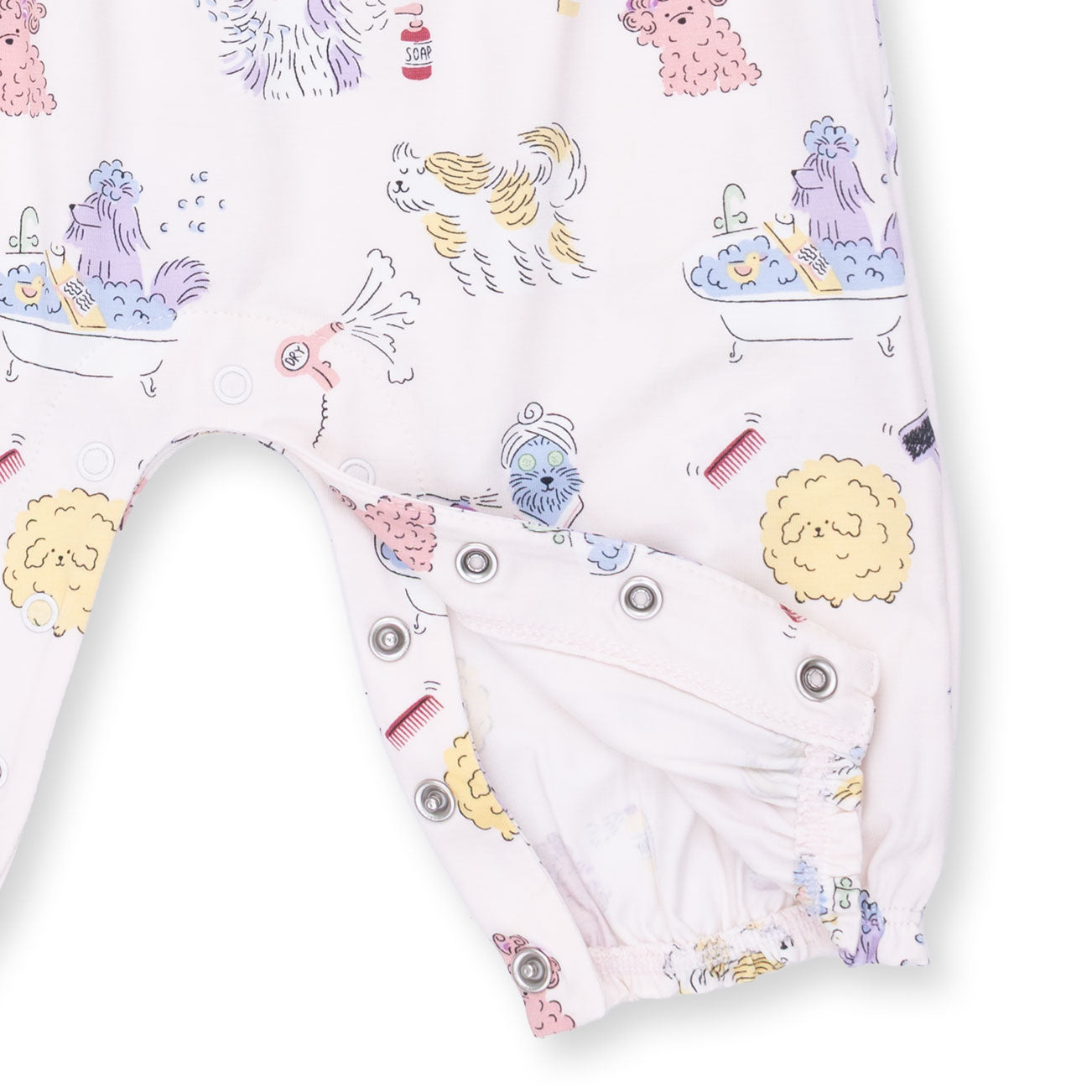 Baby onesie with colorful animal print on a white background