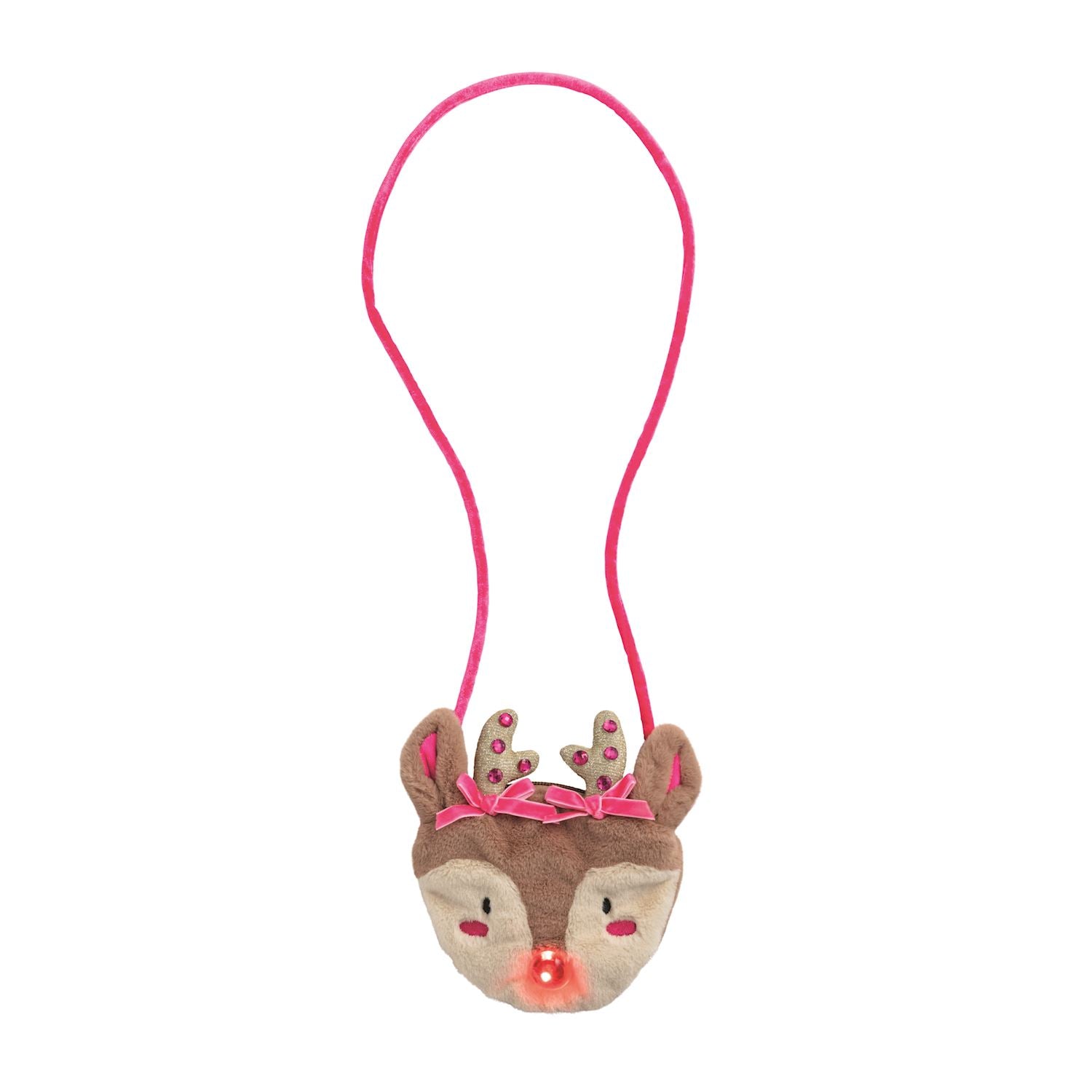 Plush reindeer head purse with pink antlers and glowing red nose on a white background