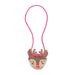 Plush reindeer head purse with pink antlers and glowing red nose on a white background