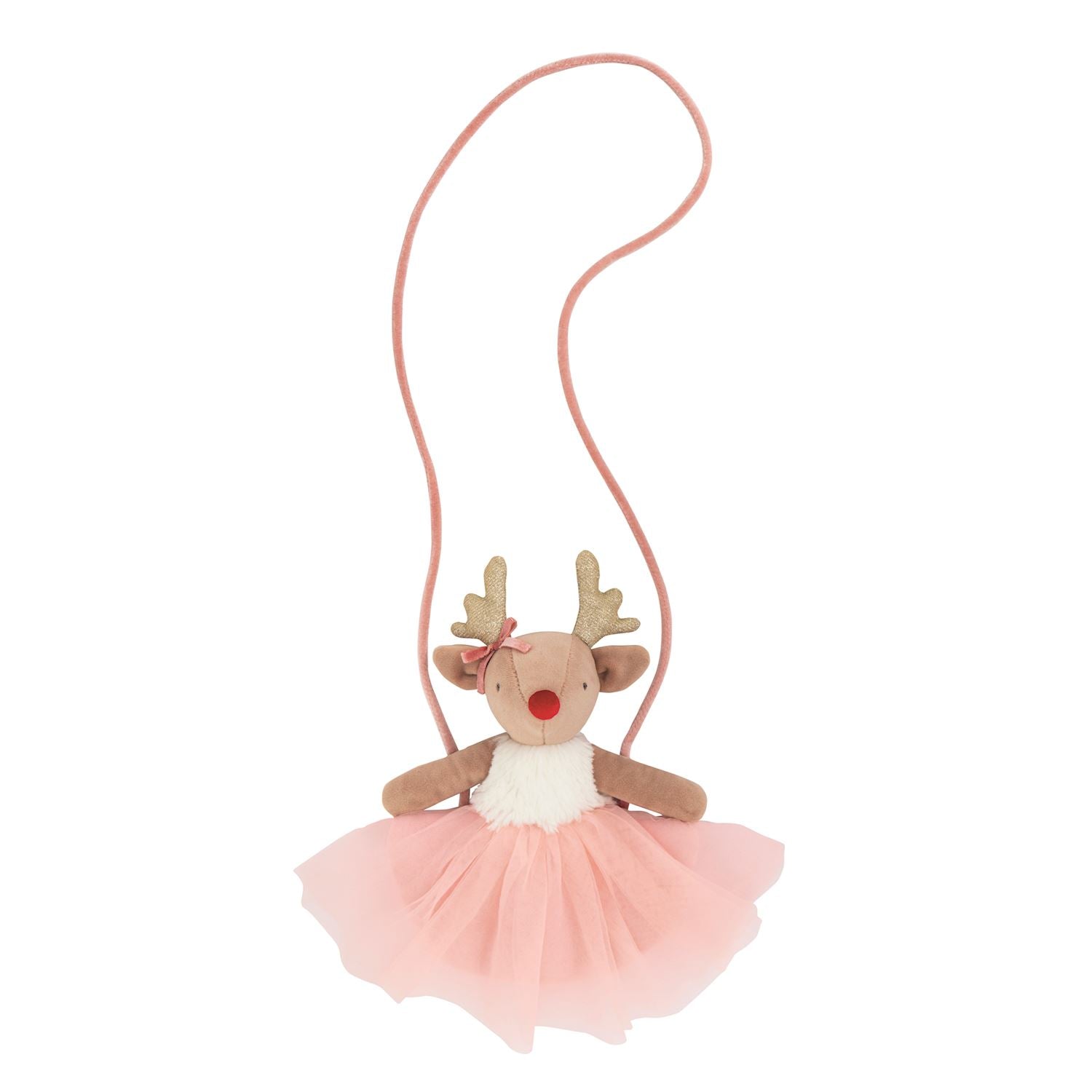 Stuffed reindeer toy purse with a pink skirt on a white background