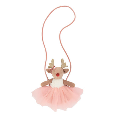 Stuffed reindeer toy purse with a pink skirt on a white background