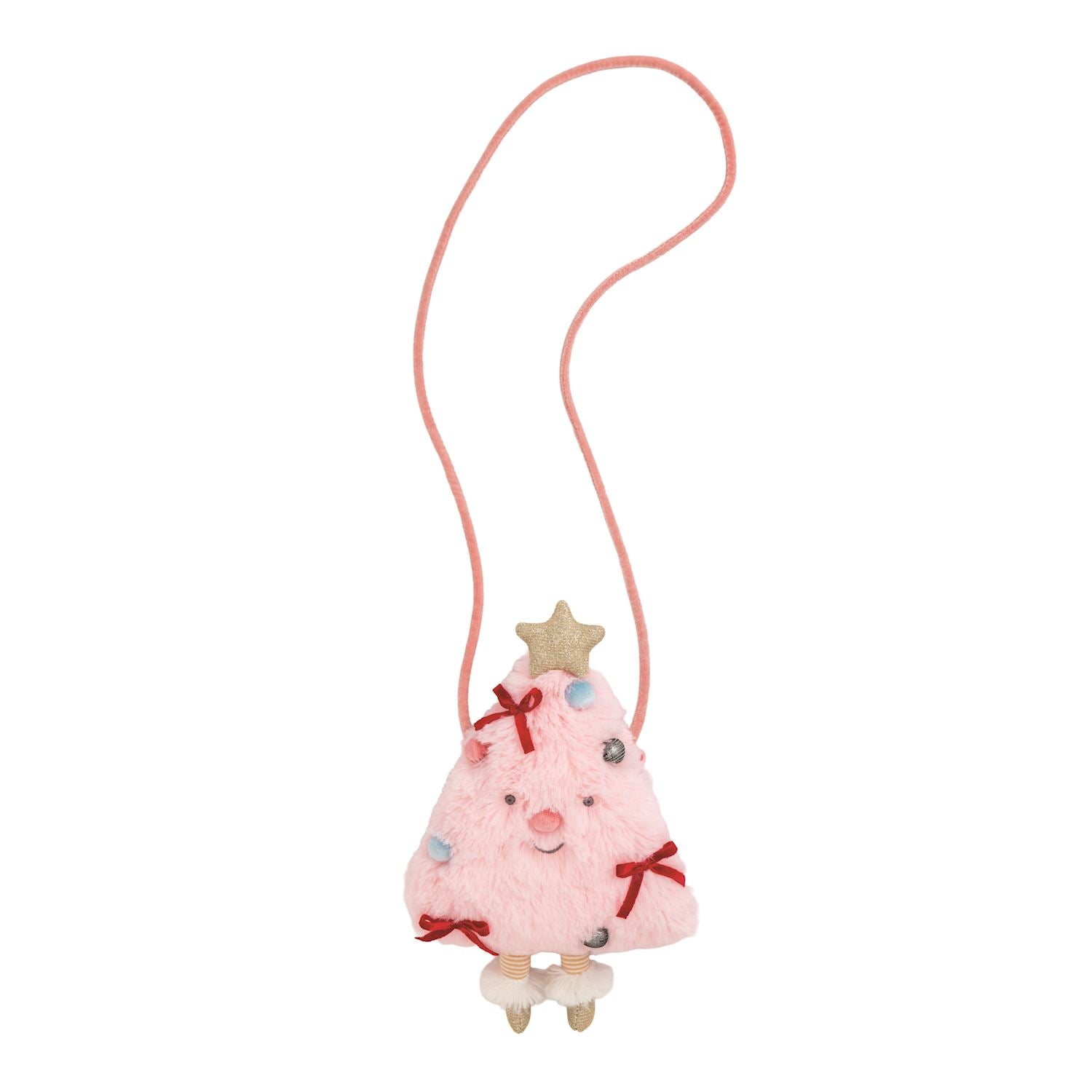 Pink plush Christmas tree purse with a star on a white background