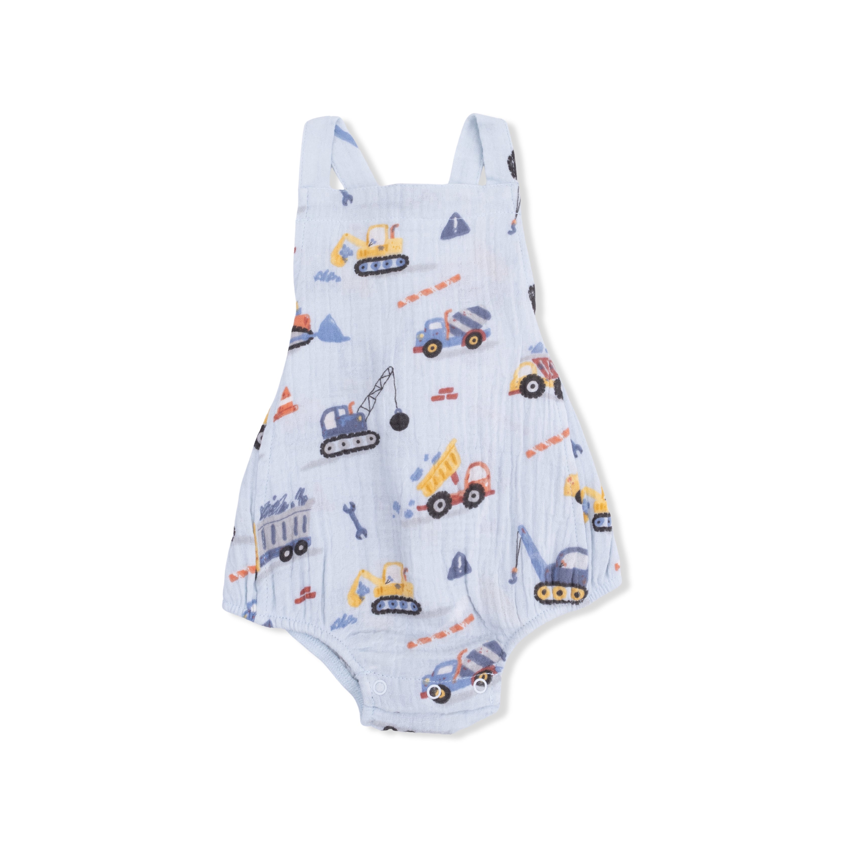 Baby romper with construction vehicle pattern on a white background