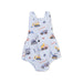 Baby romper with construction vehicle pattern on a white background