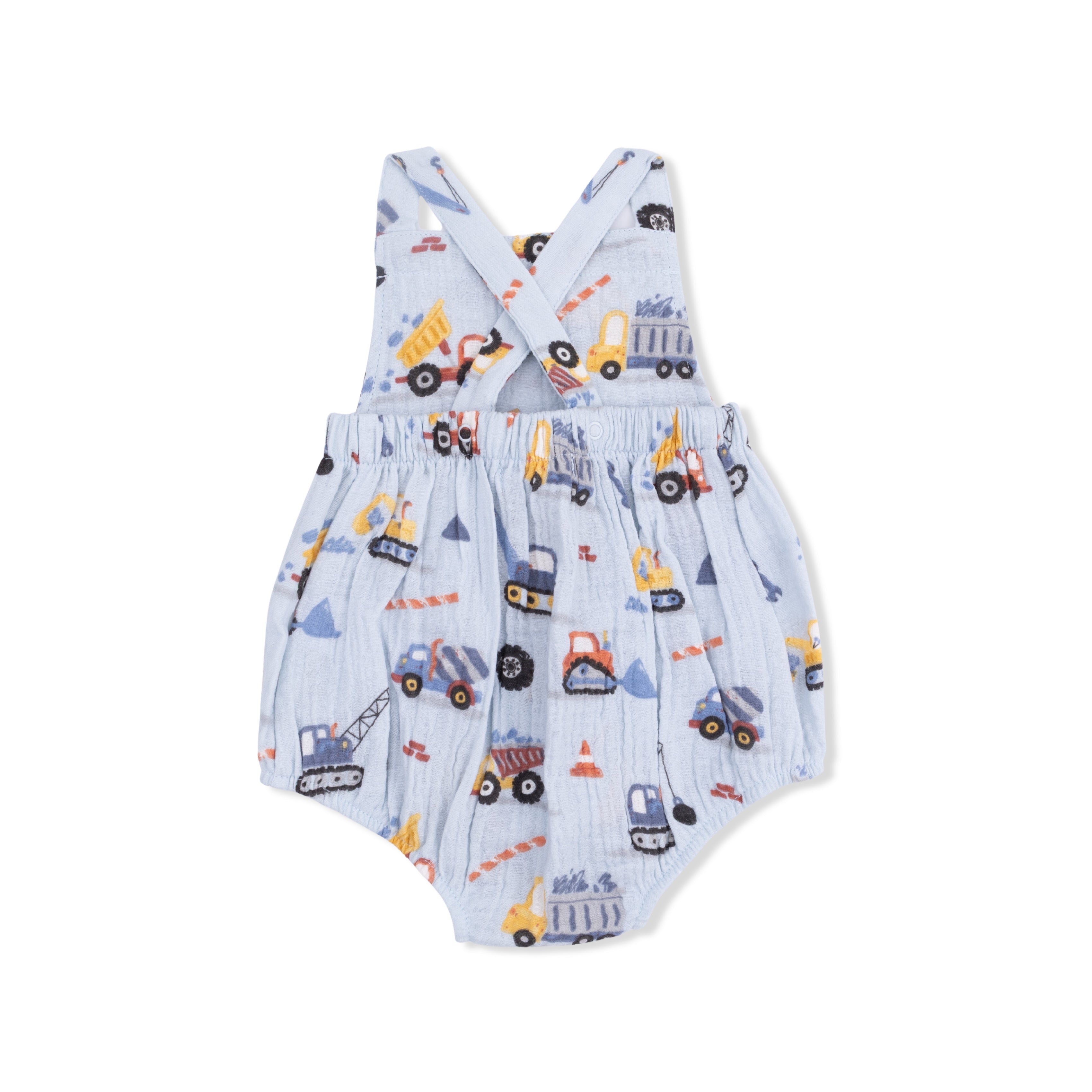 Baby romper with construction vehicle pattern on a white background