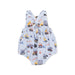 Baby romper with construction vehicle pattern on a white background
