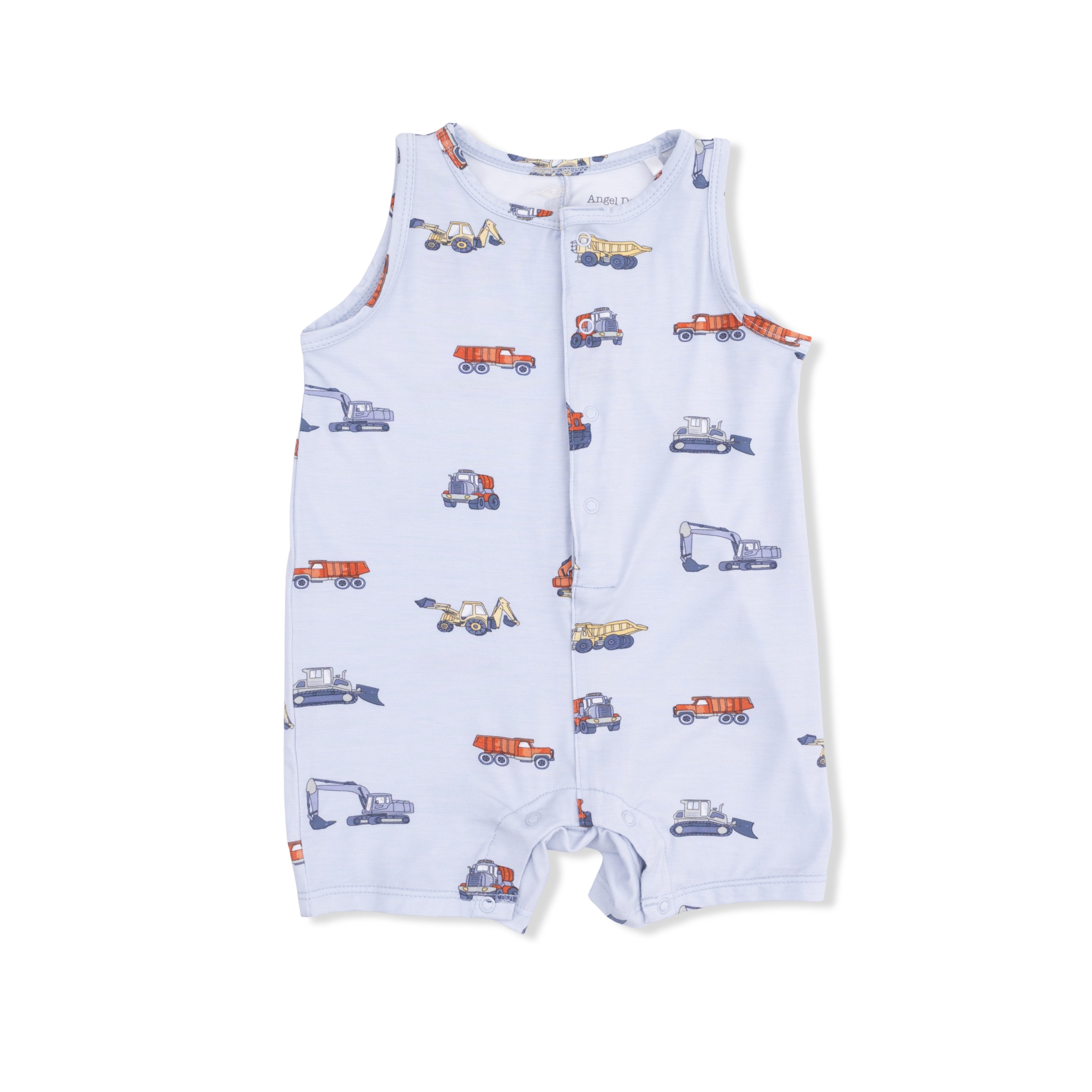 Baby romper with truck pattern on a white background