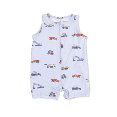 Baby romper with truck pattern on a white background
