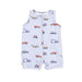 Baby romper with truck pattern on a white background