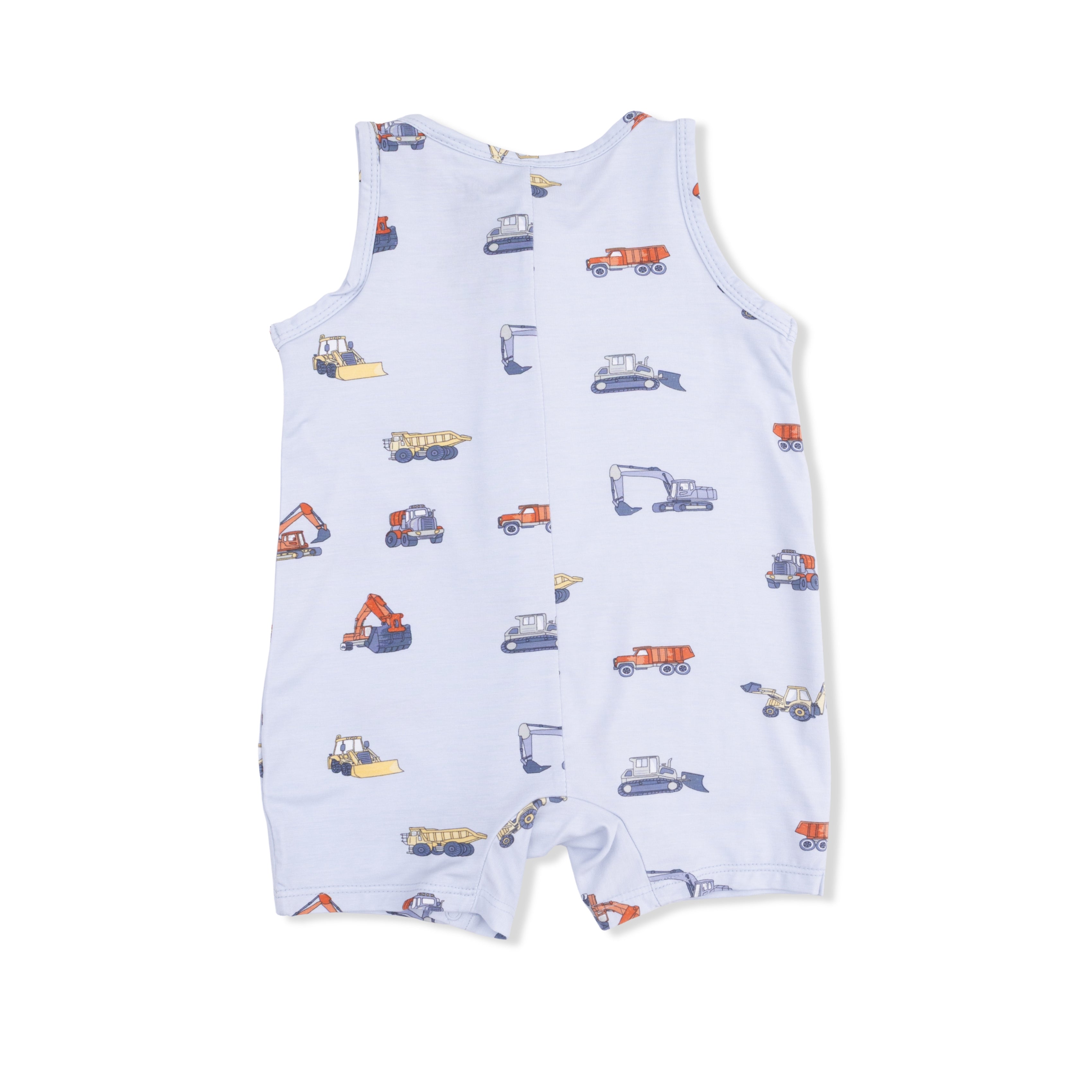 Baby romper with truck pattern on a white background