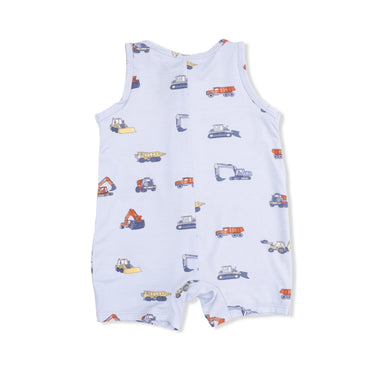 Baby romper with truck pattern on a white background
