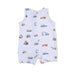 Baby romper with truck pattern on a white background