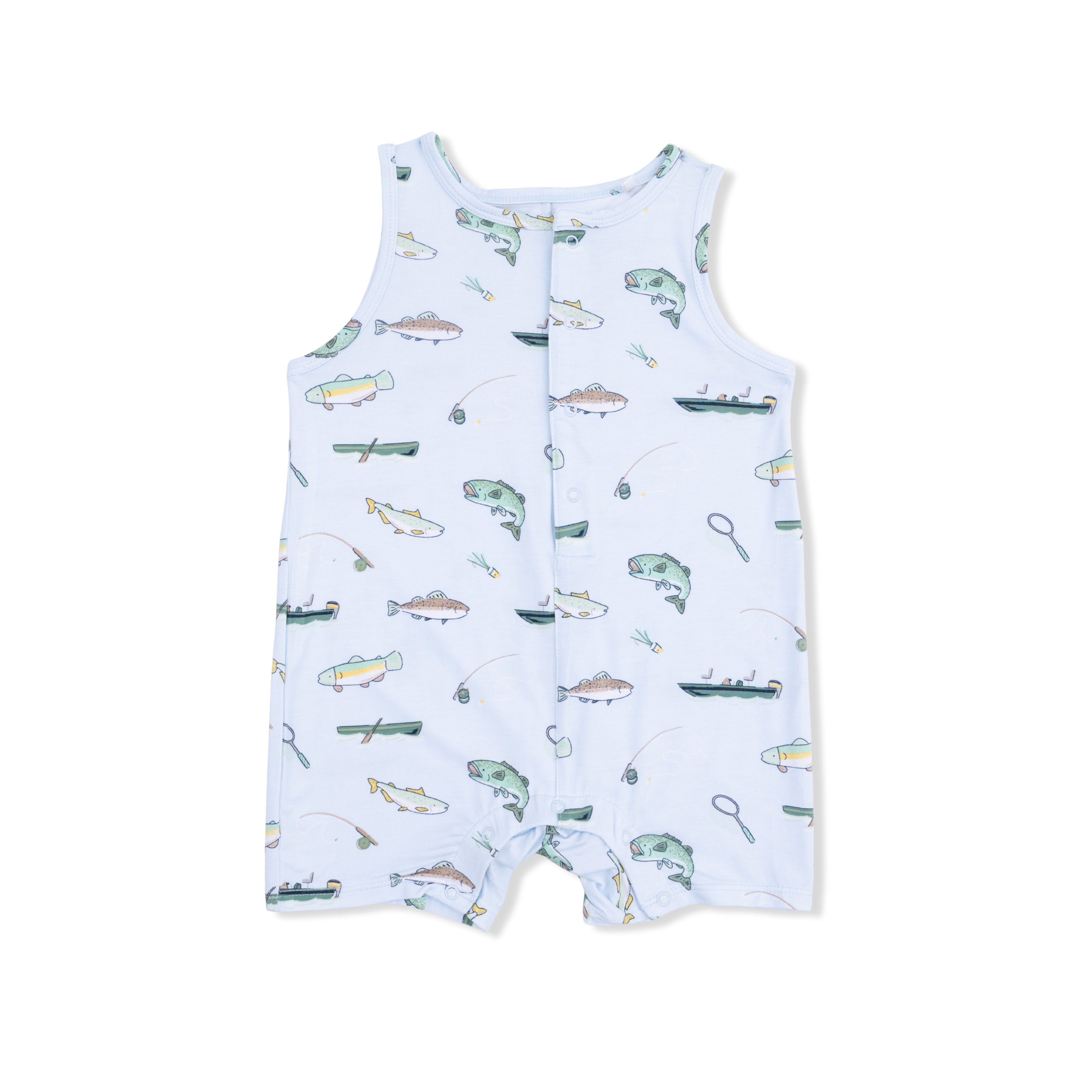 Baby romper with fishing-themed print on a white background