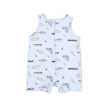 Baby romper with fishing-themed print on a white background