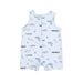 Baby romper with fishing-themed print on a white background