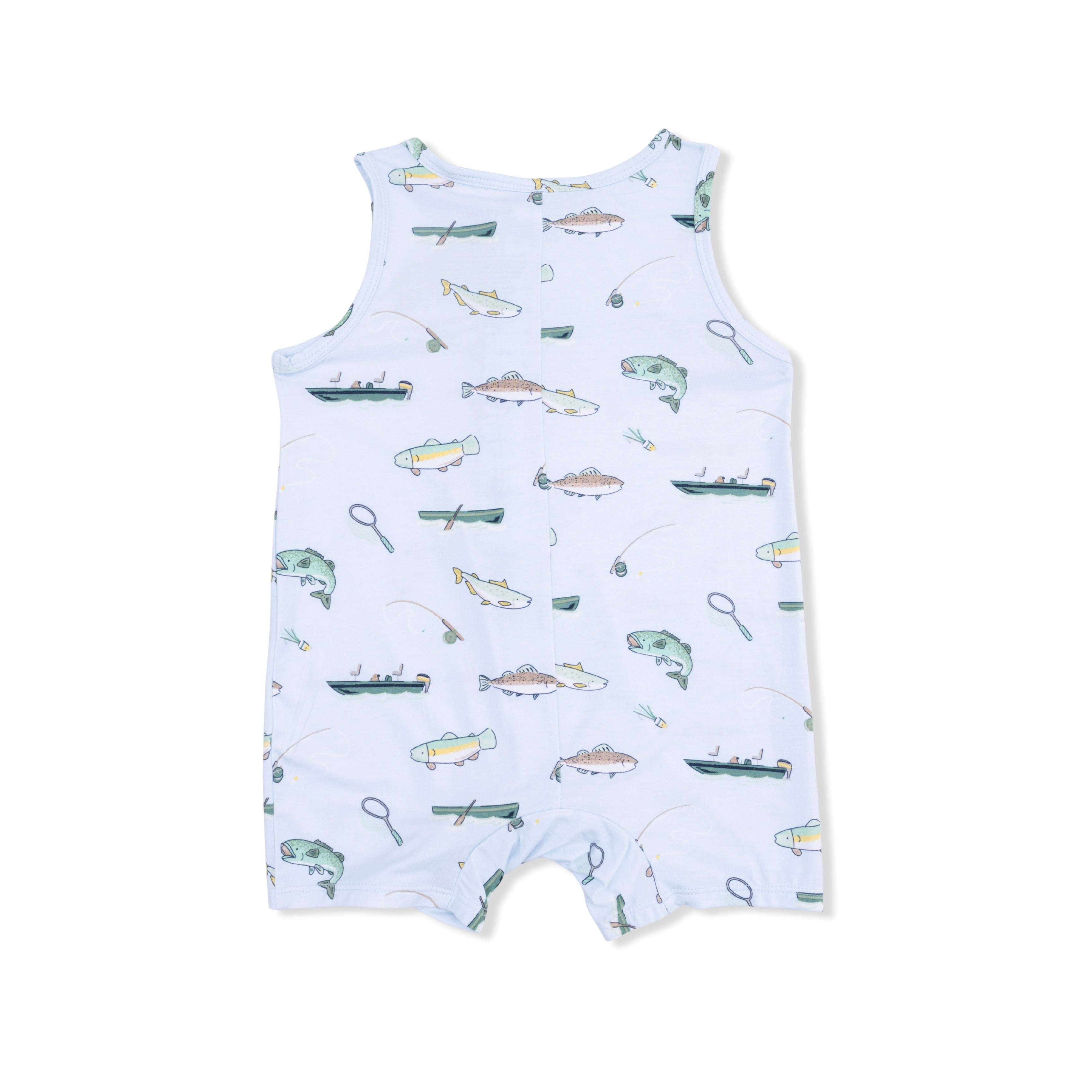 Baby romper with fish and boat pattern on a light blue background